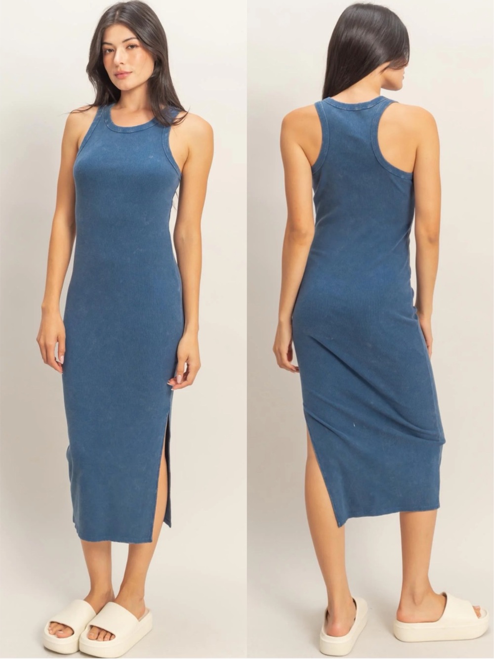 NEW Double Zero Navy Blue Midi Tank Dress Acid Wash Ribbed Side Slit Medium